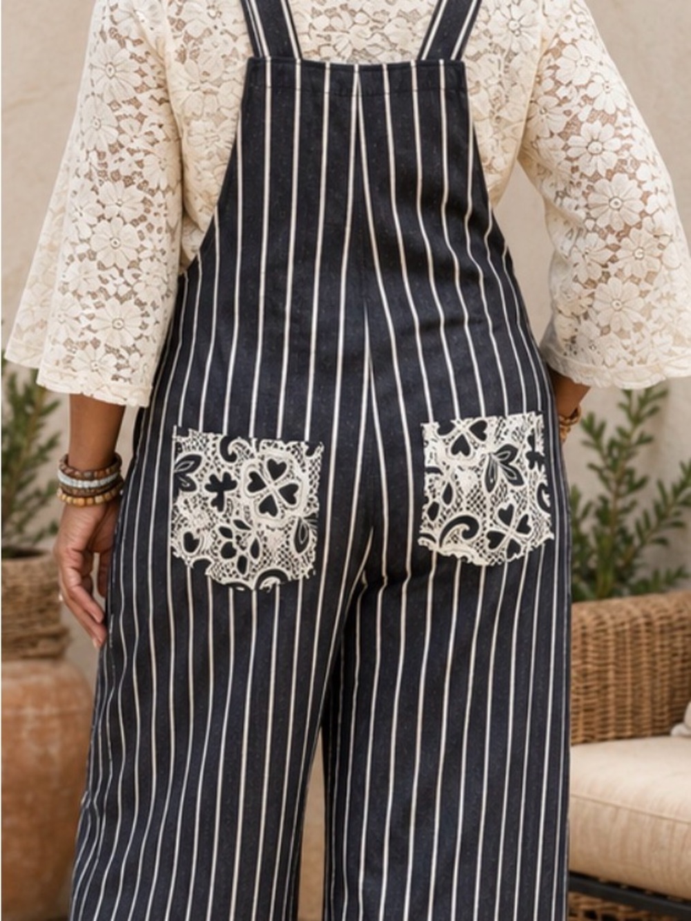 DAVI & DANI Black Striped Lace-Appliqué Overalls Sz 1XL P2P 23’ -NWT - Picture 3 of 3
